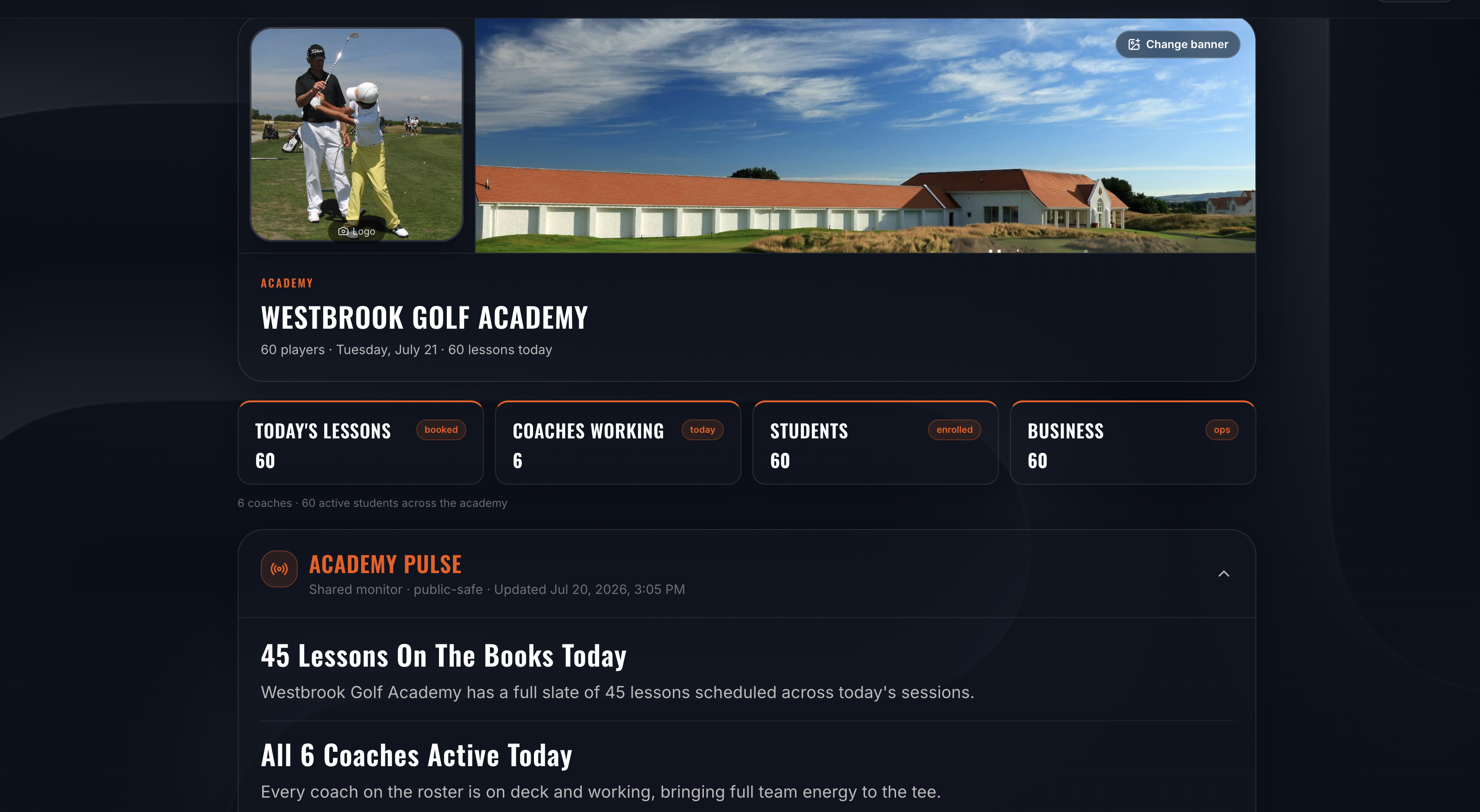 GolfCoachOS Academy Dashboard — Westbrook Golf Academy
