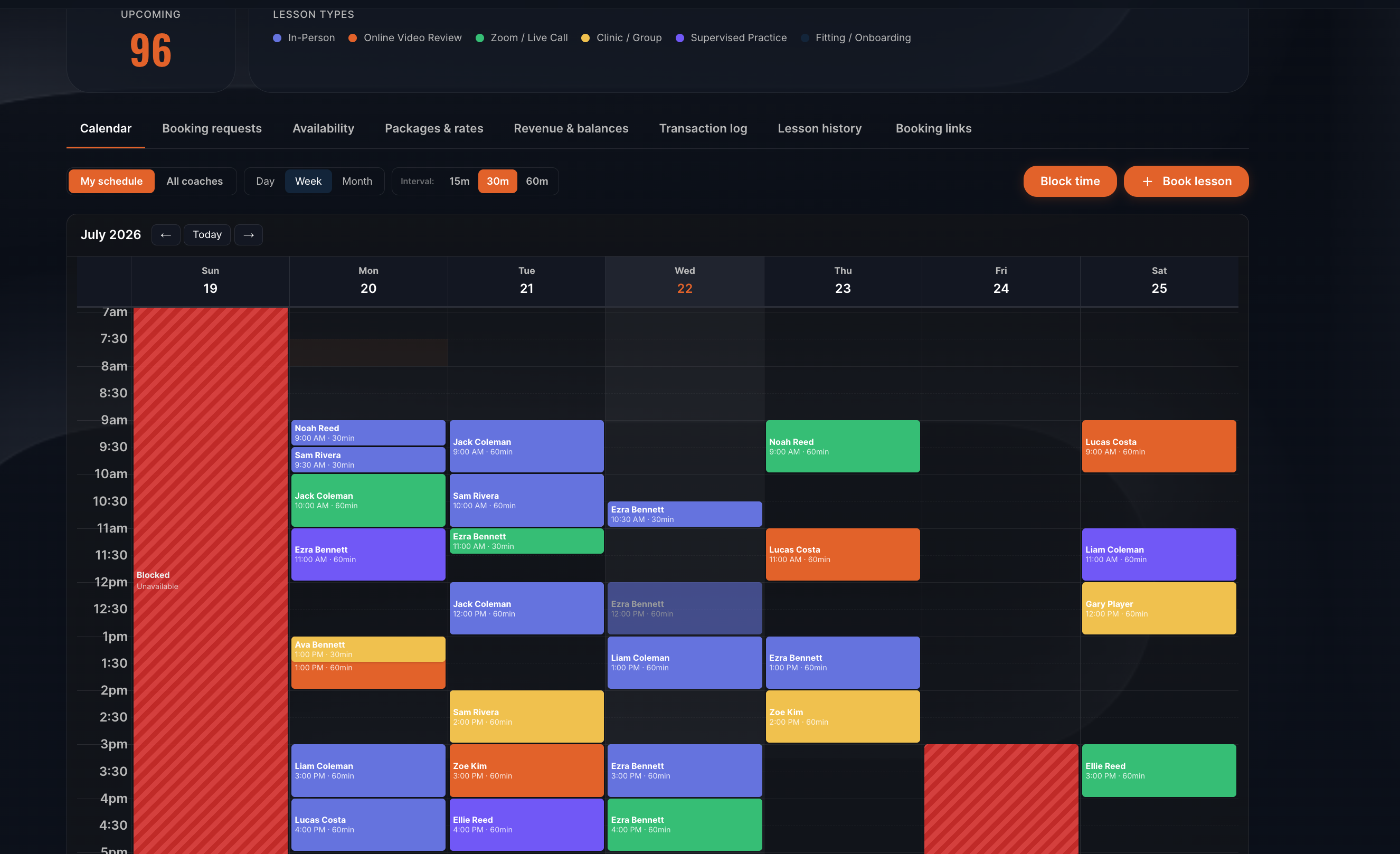 GolfCoachOS Intelligent Scheduler — weekly lesson calendar
